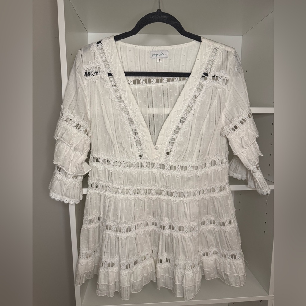 Juniper Blue White Eyelet V-Neck Blouse